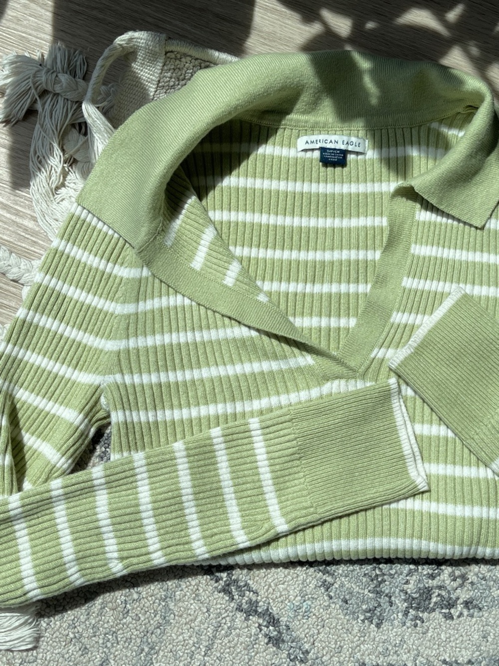 American Eagle Green Long-Sleeve Striped Collared Polo Sweater Size S